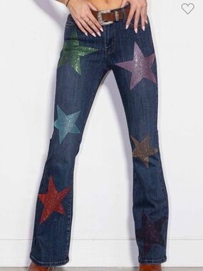 Mid Rise Star Rhinestone Bootcut Jeans